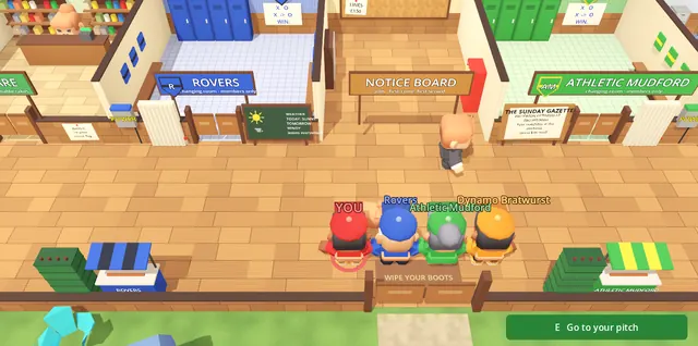Screenshot: four groundskeepers from rival clubs line up in the shared clubhouse