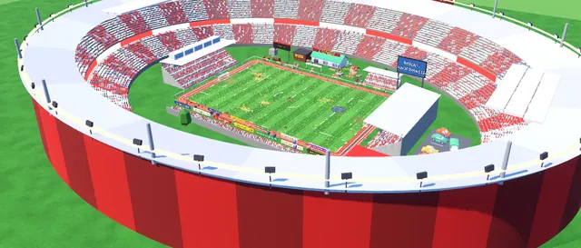 Screenshot: the fully built FC Sunday Arena, a huge red bowl stadium