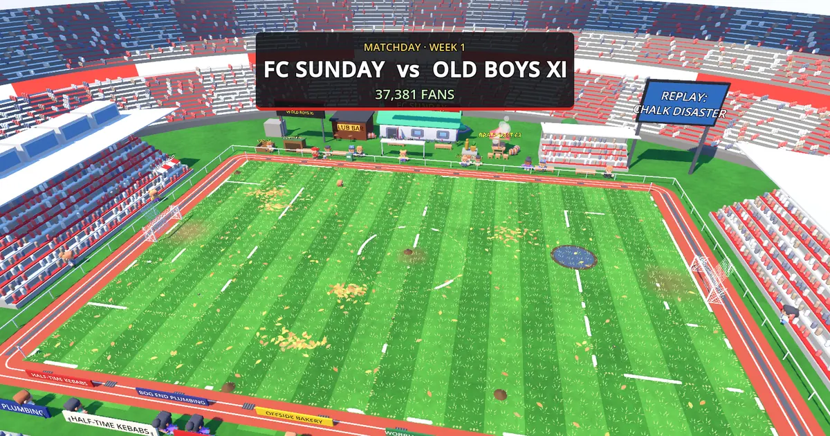 Screenshot: matchday in a packed stadium, FC Sunday vs Old Boys XI in front of 37,381 fans