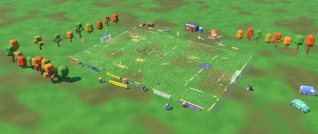 Screenshot: The Bog, a muddy village pitch surrounded by trees